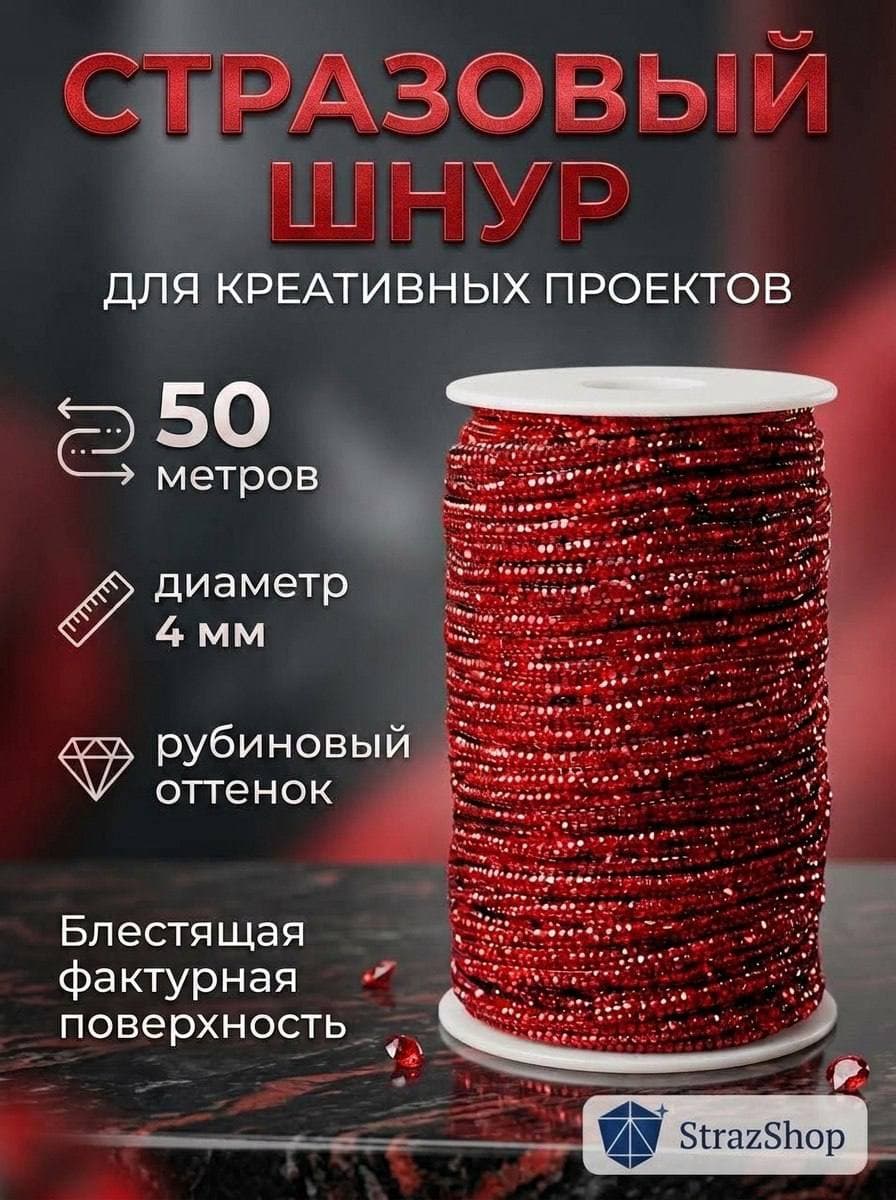 Стразовый шнур со стразами для рукоделия 4 мм, 50 м, ярко-красный 009