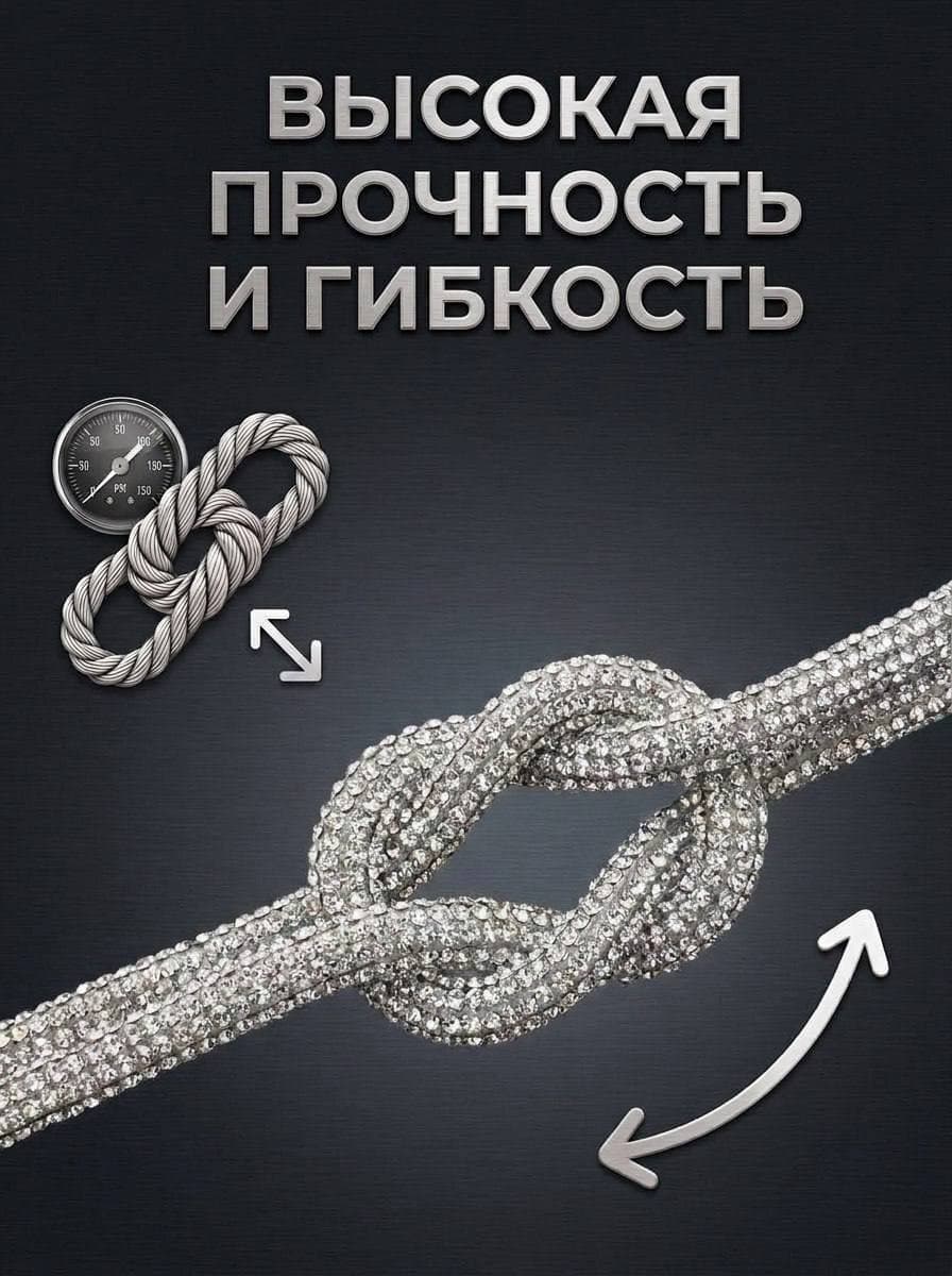 Стразовый шнур на пластиковой трубке 4 мм, 50 м, серебряный металлик