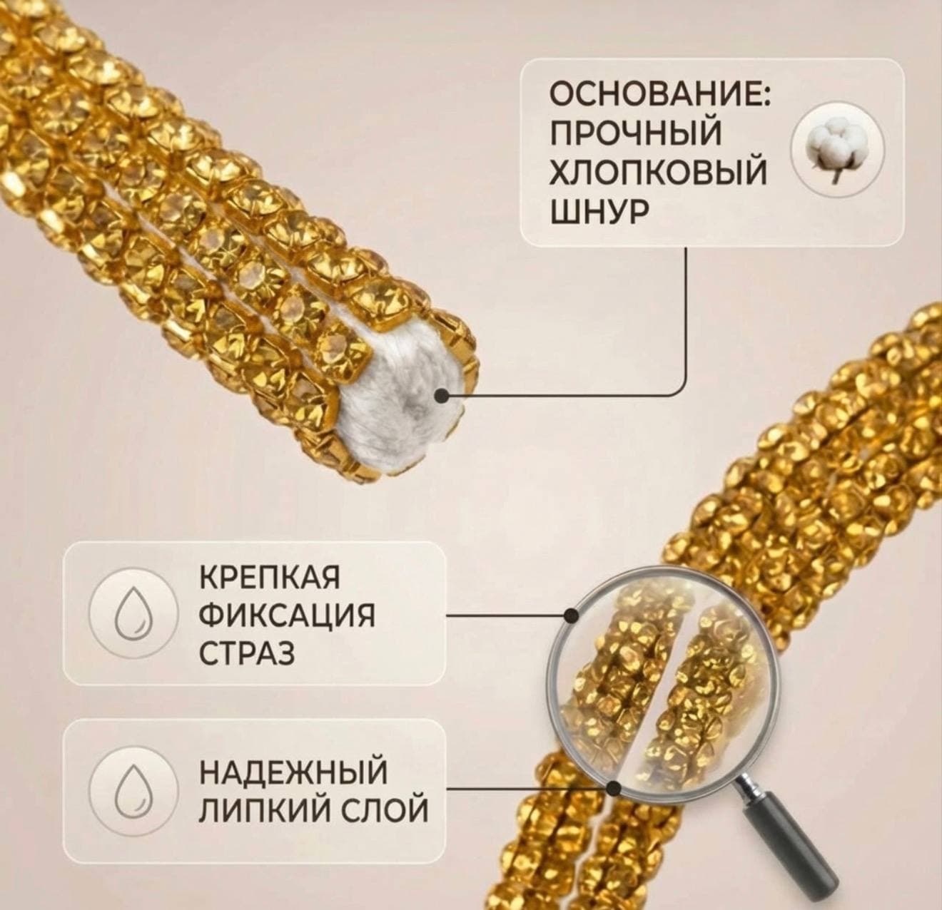 Стразовый шнур «Золото», 50 м